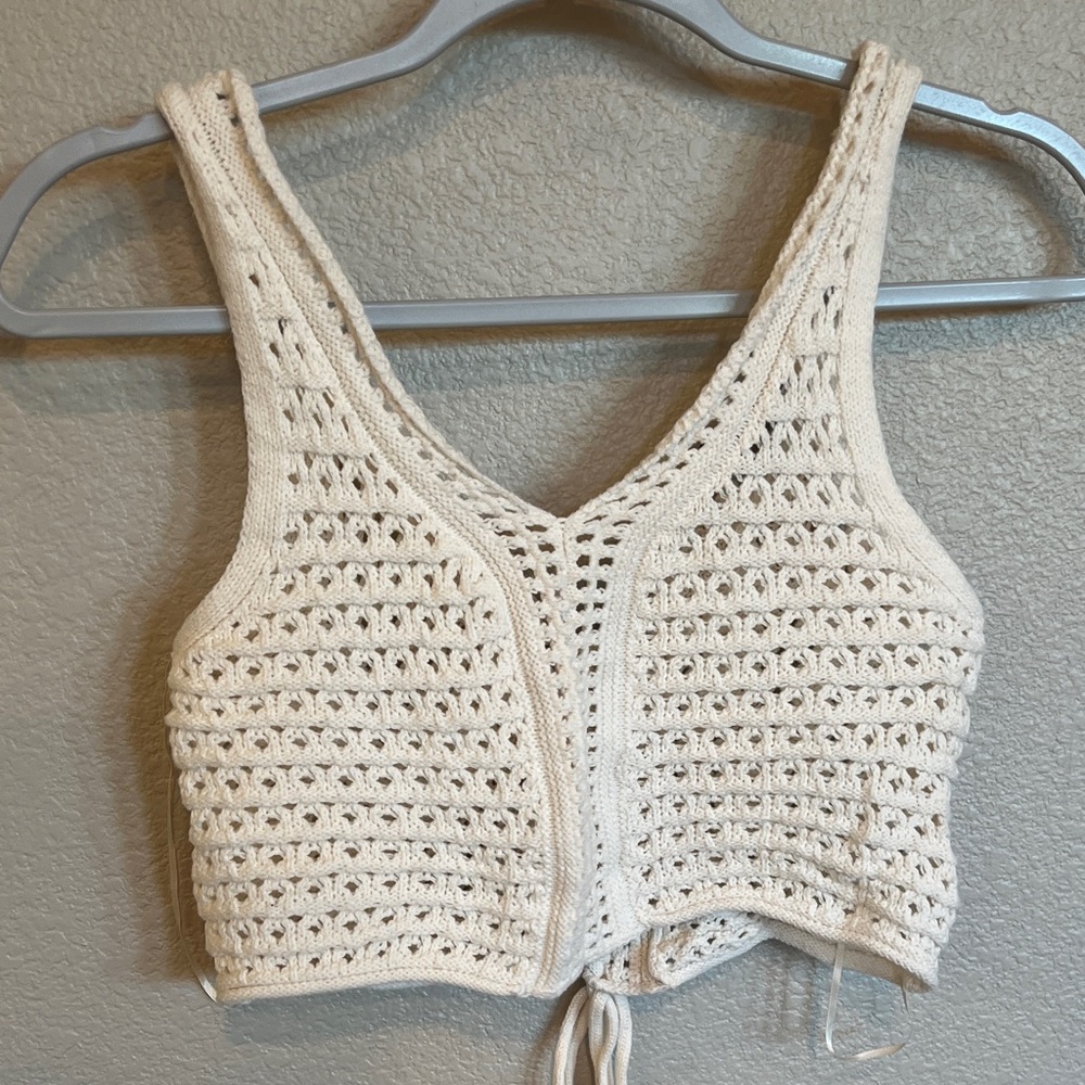 (2 items Set) Top and Bottom - tank w Pants Pink Rose Ivory Crochet Tank w pants